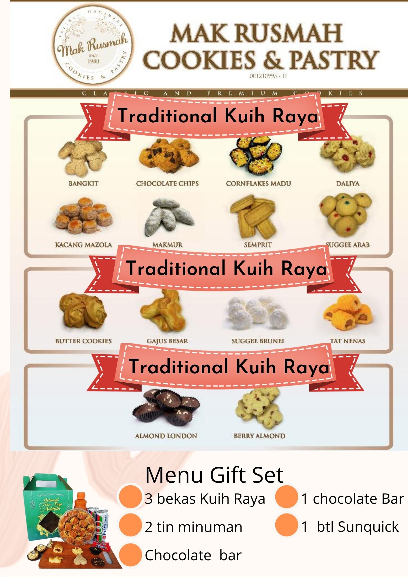 [Mak Rusmah] Home Made Melayu Kuih Raya Hamper/ Gift Set / 3 bekas / 60+pcs